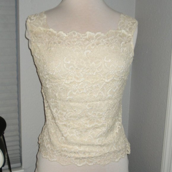 Light Yellow Lace Sleeveless Square Neck Top Size Medium - Picture 2 of 5